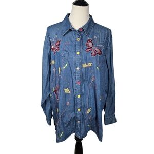Quacker Factory 1X Denim Shirt Jacket Butterfly Beaded Embroidery Vintage